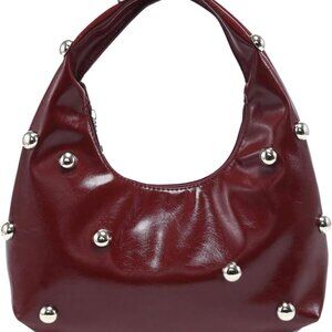 Women's Vintage Leather Crescent Shoulder Bag - Y2K Studded Top Handle Clutch